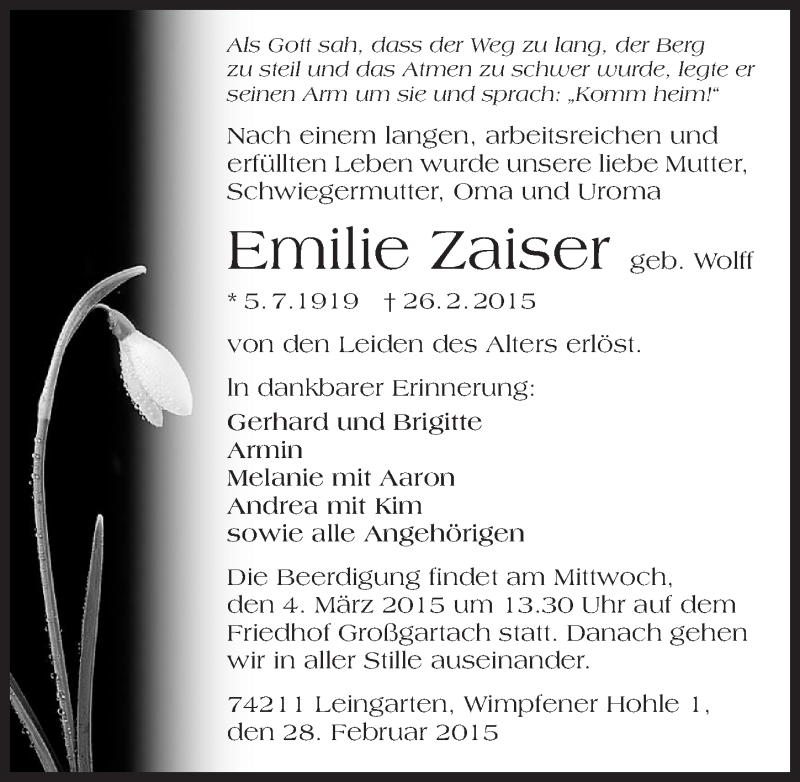  Traueranzeige für Emilie Zaiser vom 28.02.2015 aus 