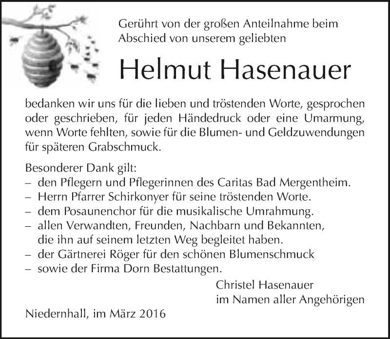  Traueranzeige für Helmut Hasenauer vom 19.03.2016 aus 