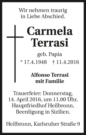 Traueranzeige von Carmela Terrasi 