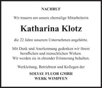 Traueranzeige von Katharina Klotz 