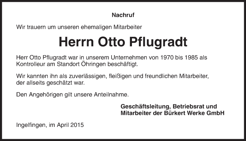  Traueranzeige für Otto Pflugradt vom 09.04.2015 aus 