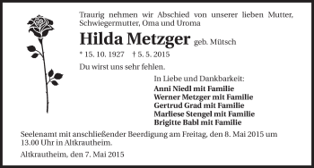 Traueranzeige von Hilda Metzger 