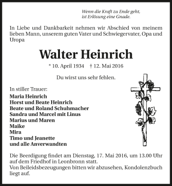 Traueranzeige von Walter Heinrich 