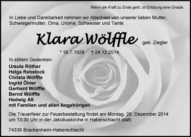  Traueranzeige für Klara Wölffle vom 27.12.2014 aus 
