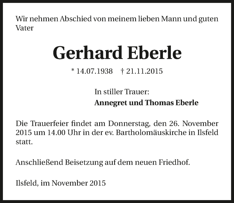  Traueranzeige für Gerhard Eberle vom 25.11.2015 aus 