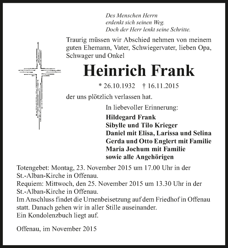  Traueranzeige für Heinrich Frank vom 21.11.2015 aus 