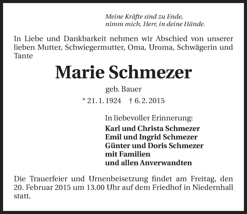  Traueranzeige für Marie Schmezer vom 18.02.2015 aus 