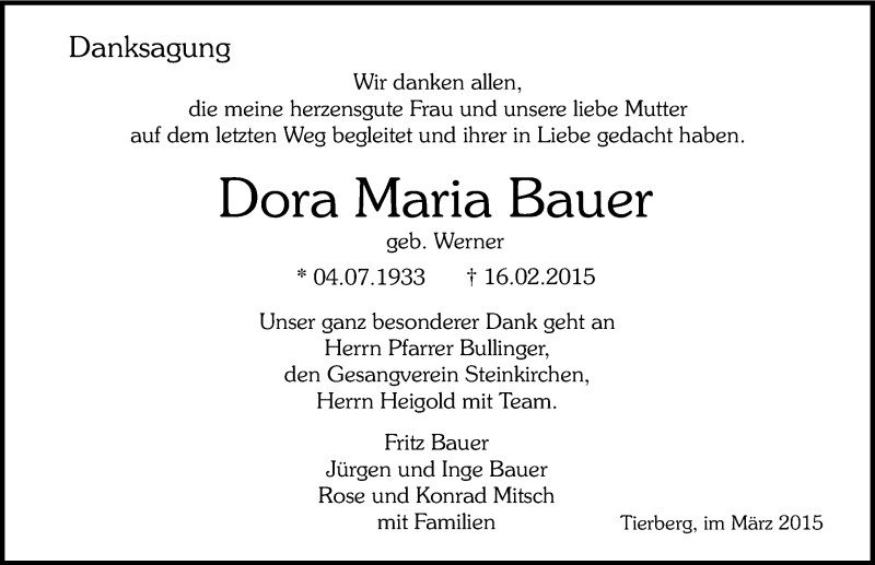  Traueranzeige für Dora Maria Bauer vom 21.03.2015 aus 