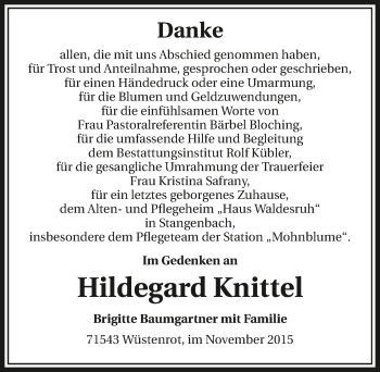 Traueranzeige von Hildegard Knittel 