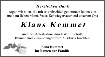 Traueranzeige von Klaus Kemmet 