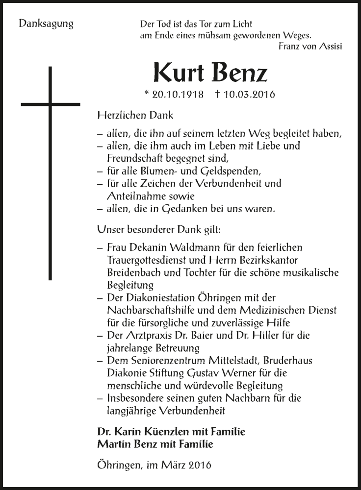  Traueranzeige für Kurt Benz vom 26.03.2016 aus 