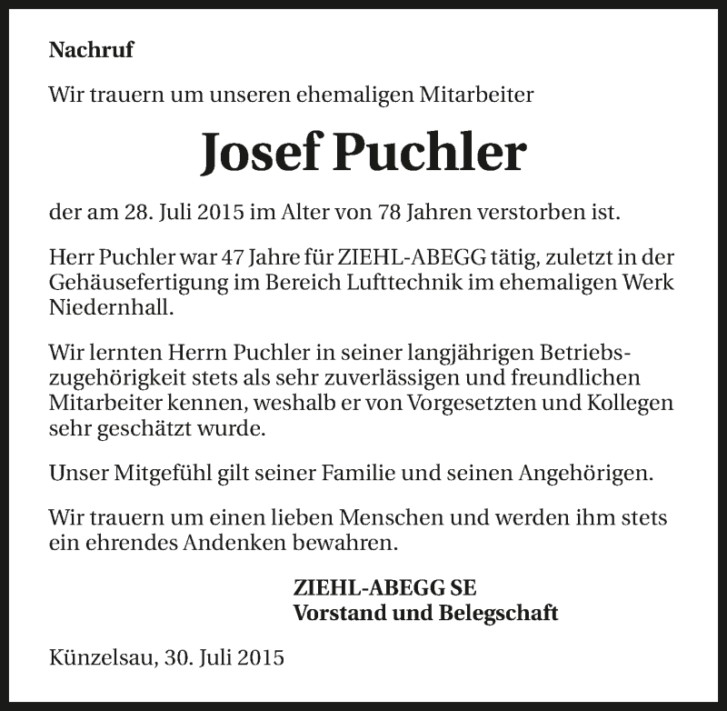  Traueranzeige für Josef Puchler vom 01.08.2015 aus 