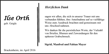 Traueranzeige von Ilse Orth 