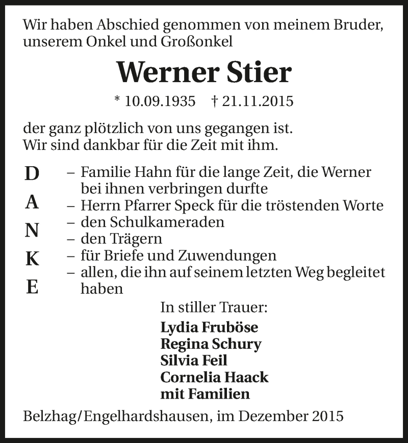  Traueranzeige für Werner Stier vom 04.12.2015 aus 