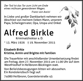 Traueranzeige von Alfred Birkle 