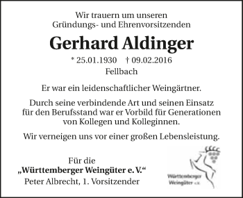 Traueranzeige von Gerhard Aldinger 