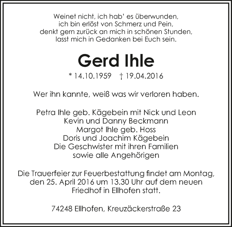  Traueranzeige für Gerd Ihle vom 22.04.2016 aus 