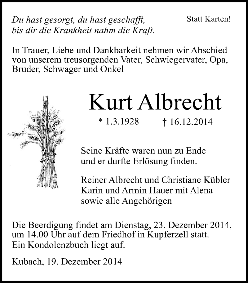 Traueranzeige für Kurt Albecht vom 19.12.2014 aus 