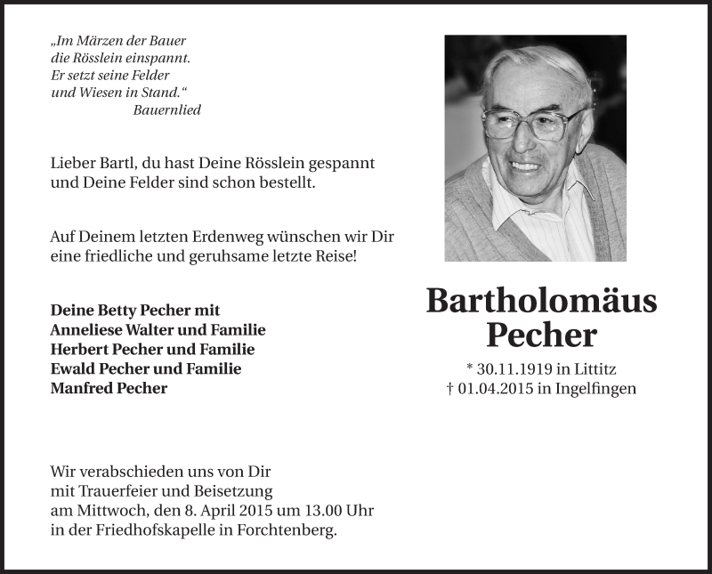  Traueranzeige für Barholomäus Pecher vom 04.04.2015 aus 
