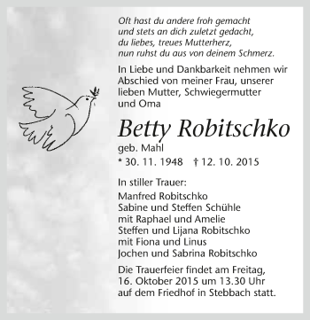 Traueranzeige von Betty Robitschko 
