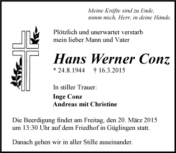 Traueranzeige von Hans Werner Conz 