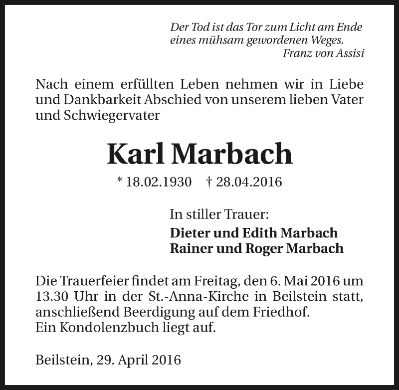  Traueranzeige für Karl Marbach vom 03.05.2016 aus 