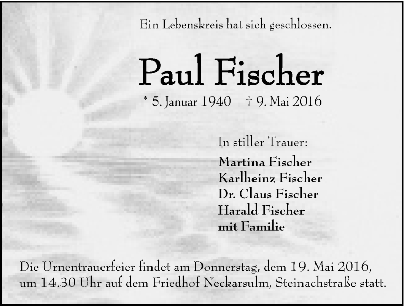  Traueranzeige für Paul Fischer vom 17.05.2016 aus 