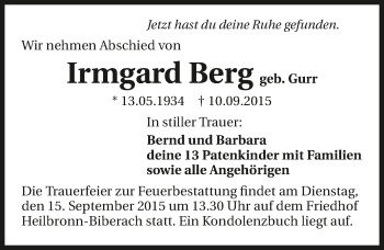 Traueranzeige von Irmgard Berg 
