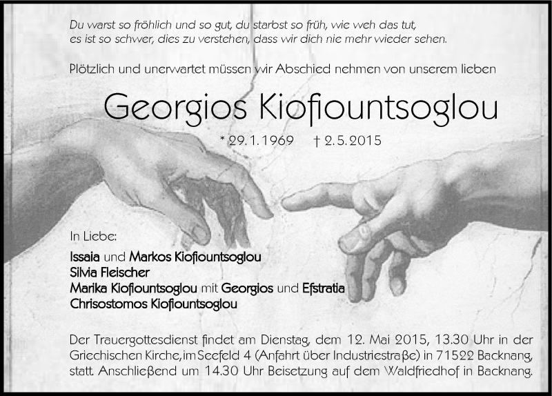  Traueranzeige für Georgios Kiofiountsoglou vom 08.05.2015 aus 