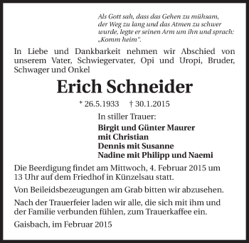 Traueranzeige von Erich Schneider 