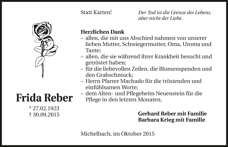  Traueranzeige für Frida Reber vom 31.10.2015 aus 
