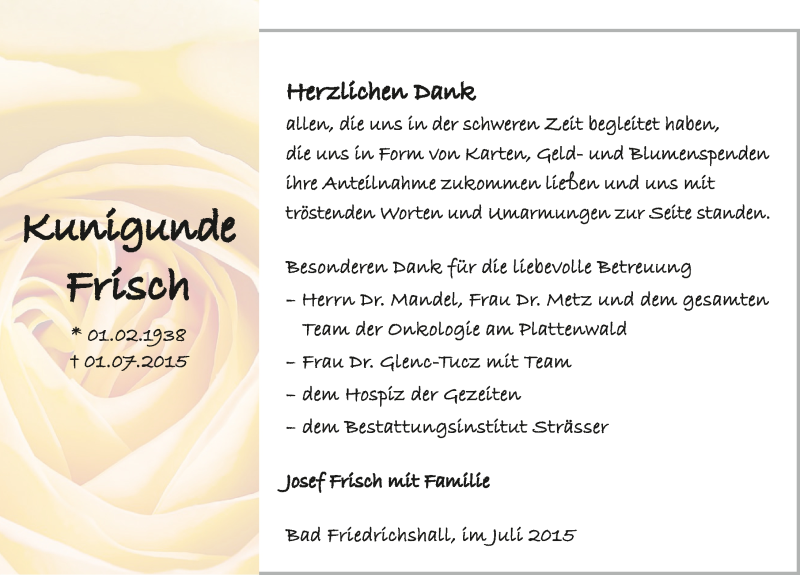  Traueranzeige für Kunigunde Frisch vom 30.07.2015 aus 