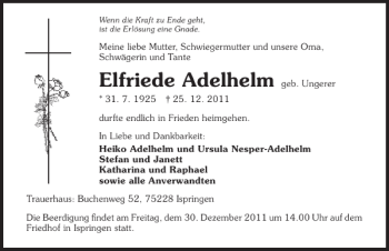 Traueranzeige von Elfriede Adelhelm 