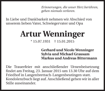 Traueranzeige von Artur Wenninger 