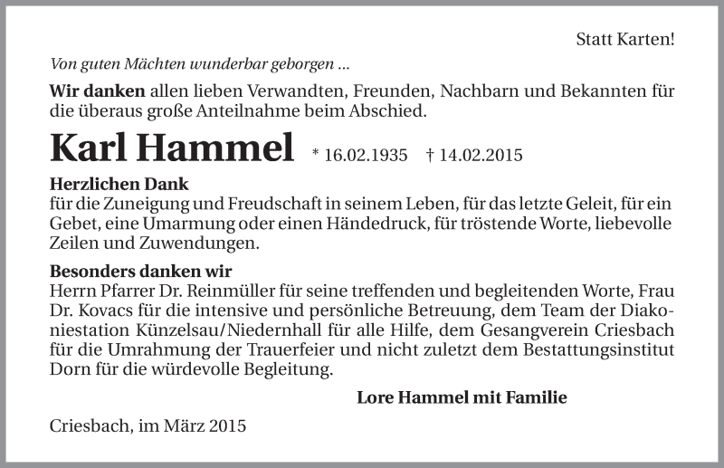  Traueranzeige für Karl Hammel vom 18.03.2015 aus 