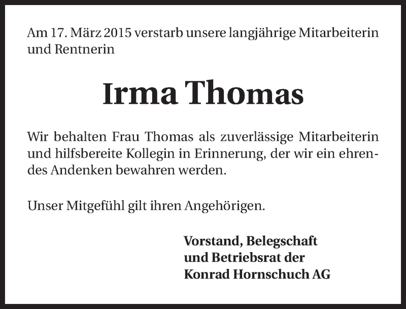  Traueranzeige für Irma Thomas vom 27.03.2015 aus 