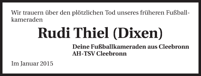  Traueranzeige für Rudi Thiel vom 28.01.2015 aus 