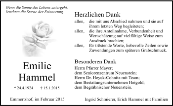 Traueranzeige von Emilie Hammel 