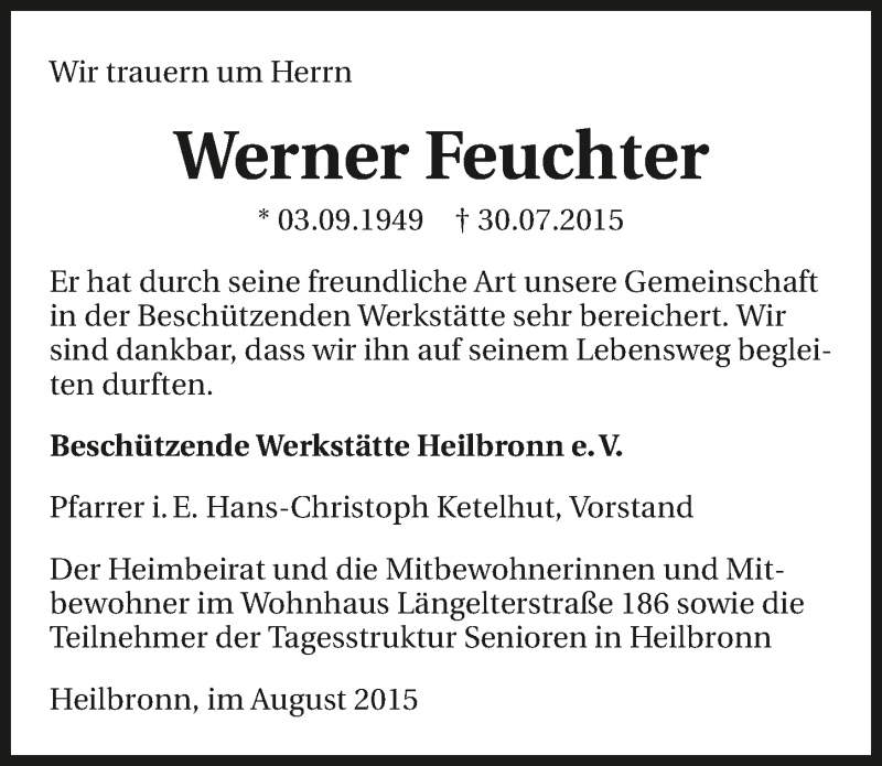  Traueranzeige für Werner Feuchter vom 03.08.2015 aus 