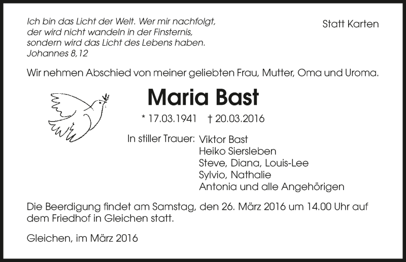  Traueranzeige für Maria Bast vom 23.03.2016 aus 