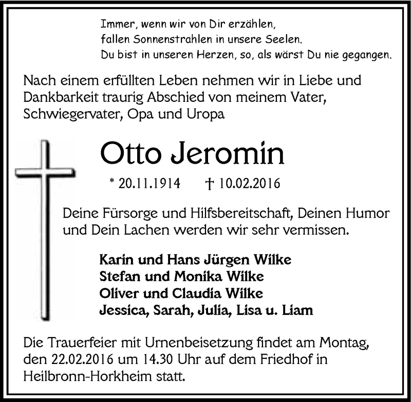  Traueranzeige für Otto Jeromin vom 13.02.2016 aus 