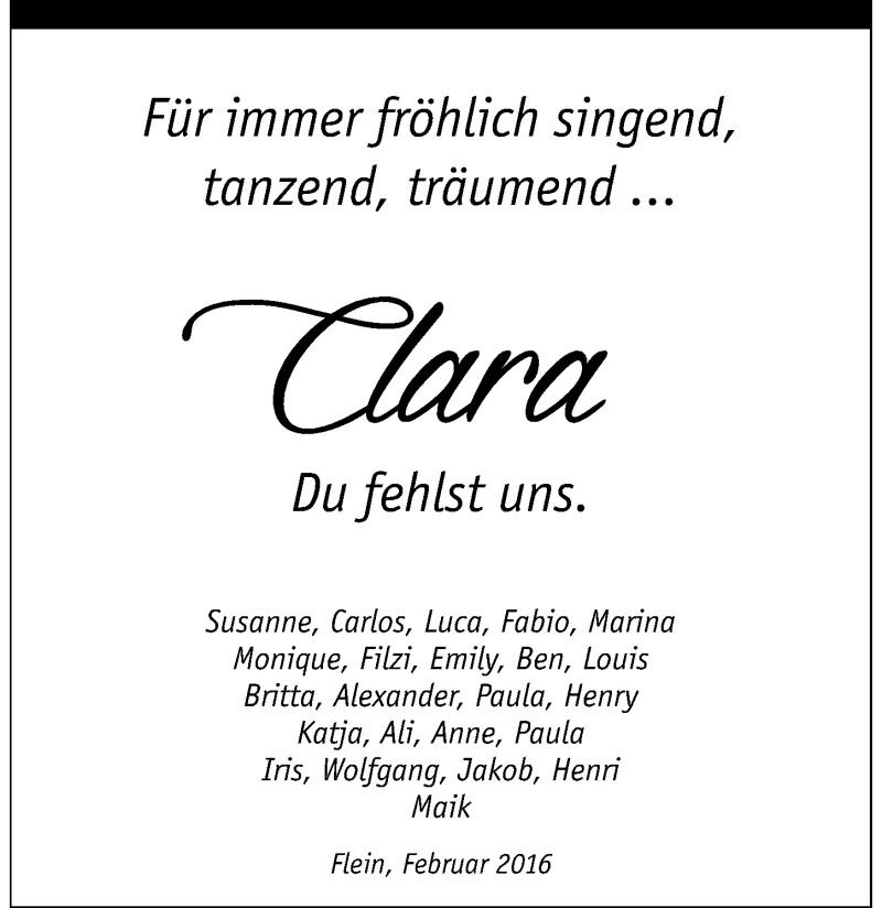 Traueranzeige für Clara Frötscher vom 01.03.2016 aus 