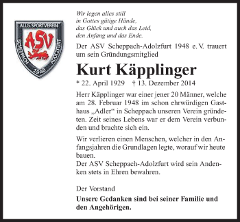 Traueranzeige von Kurt Käpplinger 