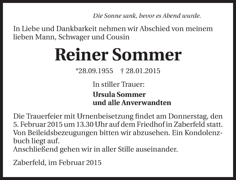  Traueranzeige für Reiner Sommer vom 03.02.2015 aus 