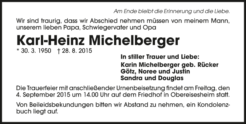  Traueranzeige für Karl-Heinz Michelberger vom 02.09.2015 aus 
