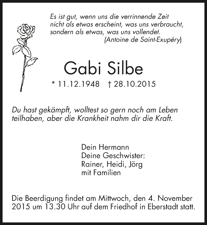  Traueranzeige für Gabi Silbe vom 31.10.2015 aus 