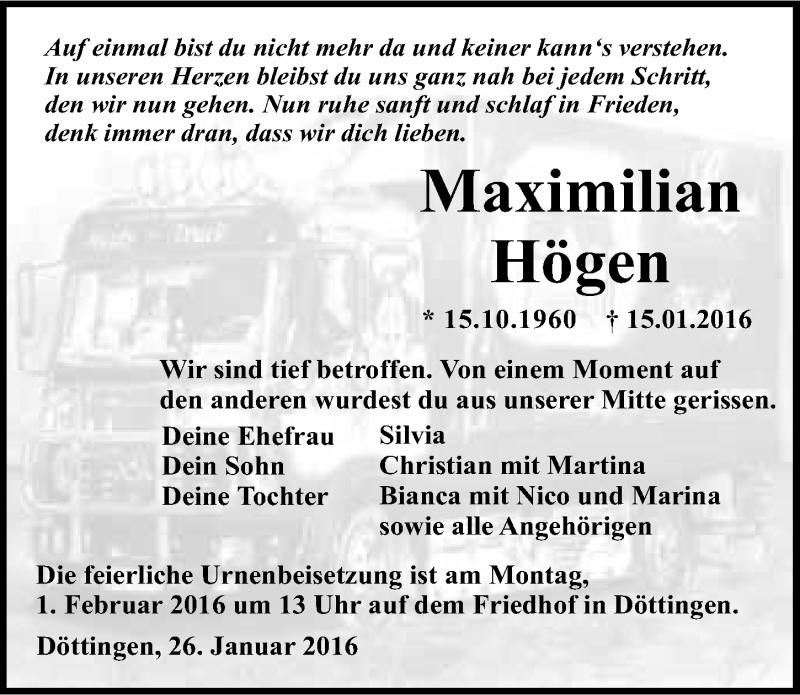  Traueranzeige für Maximilian Högen vom 26.01.2016 aus 