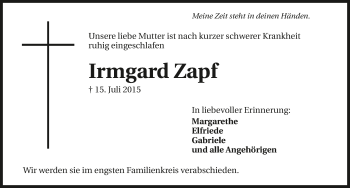 Traueranzeige von Irmgard Zapf 