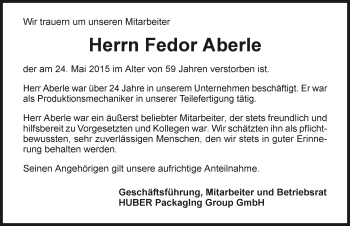 Traueranzeige von Fedor Aberle 