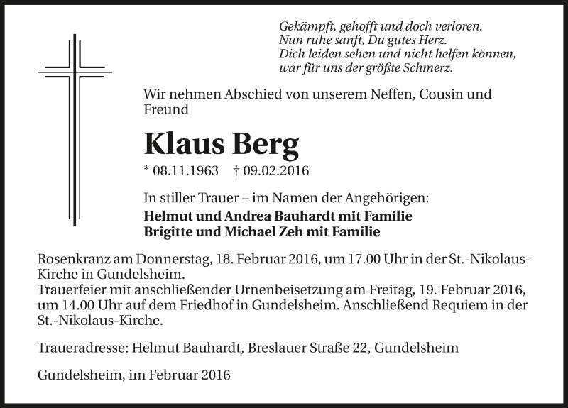  Traueranzeige für Klaus Berg vom 17.02.2016 aus 